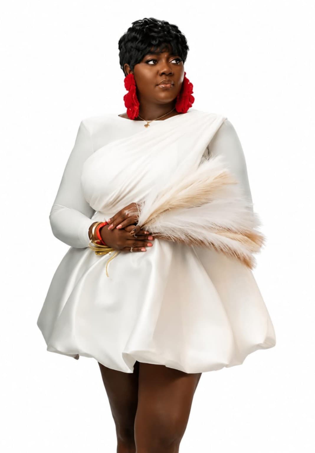 Ivory Feather-Drape Mini Dress